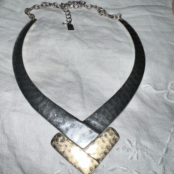 RLM- chevron statement necklace 16in with extender , silver & brass - Picture 1 of 8